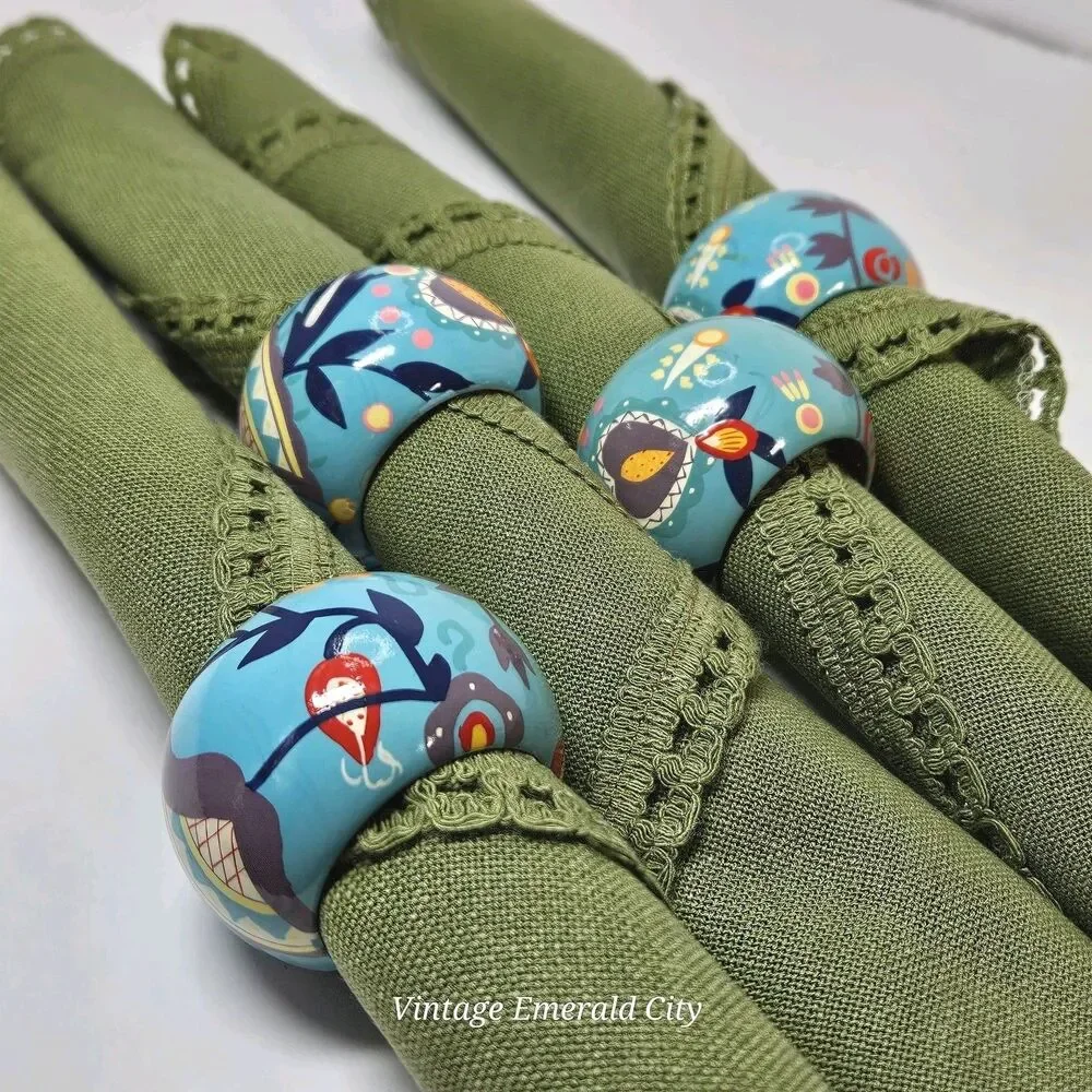 Vtg Set of 4 Wooden Hand Painted Bohemian blue/teal Floral Napkin Rings Spring